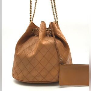 CHANEL Bicolor Lambskin Drawstring Chain Shoulder Tote Bag Brown with Pouch